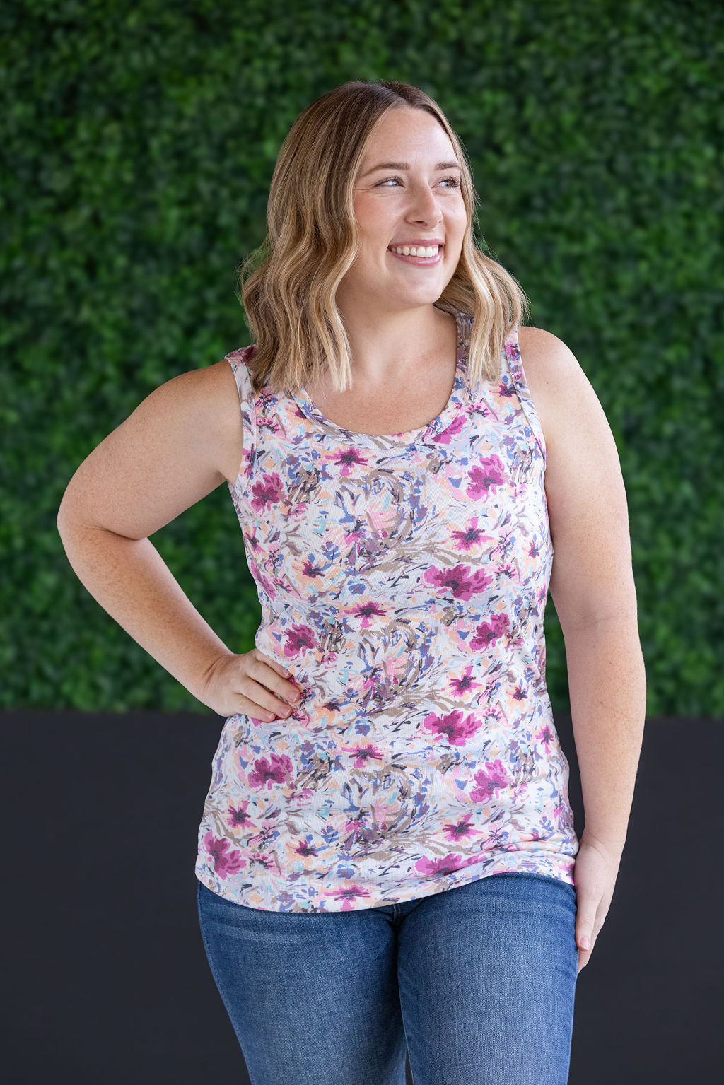 IN STOCK Ava Tank - Pink and Periwinkle Abstract Floral FINAL SALE