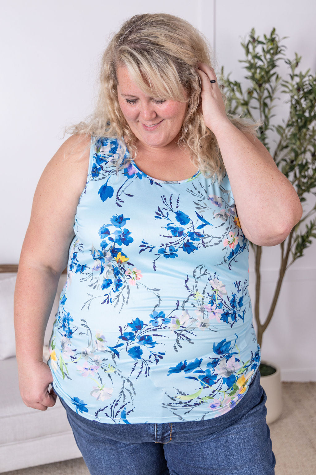IN STOCK Luxe Crew Tank - Light Blue Floral Bliss FINAL SALE