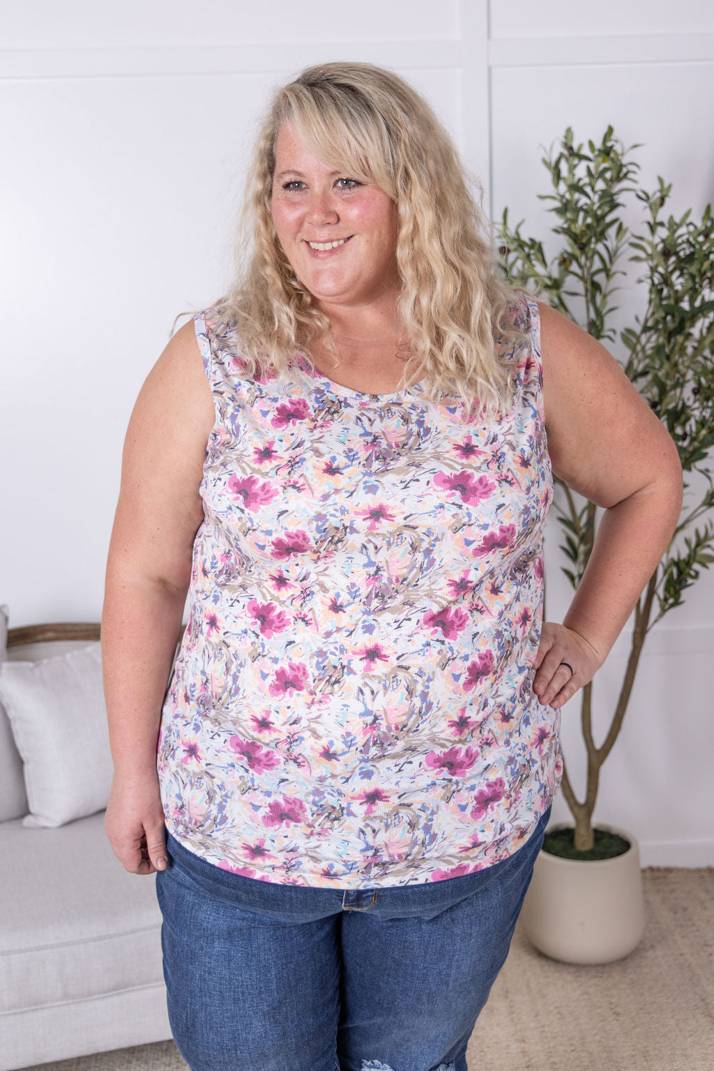 IN STOCK Ava Tank - Pink and Periwinkle Abstract Floral FINAL SALE