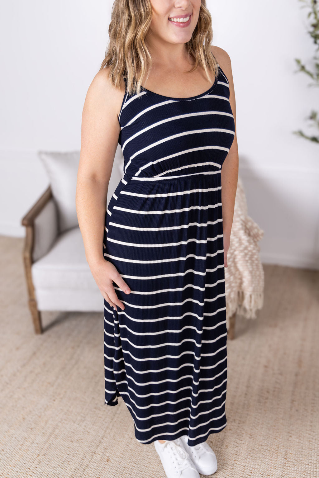 IN STOCK Reagan Ribbed Midi Dress - Midnight Navy Stripes