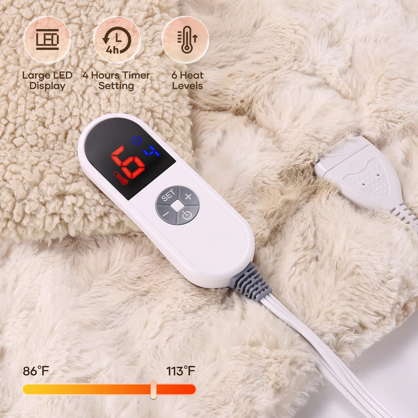 Cozy Up with Our Electric Throw Blanket - 50" x 60", Soft Faux Fur, Heated with 6 Levels, Large LED Display, 4-Hour Timer, Machine Washable - Stylish Tie-Dye Off White