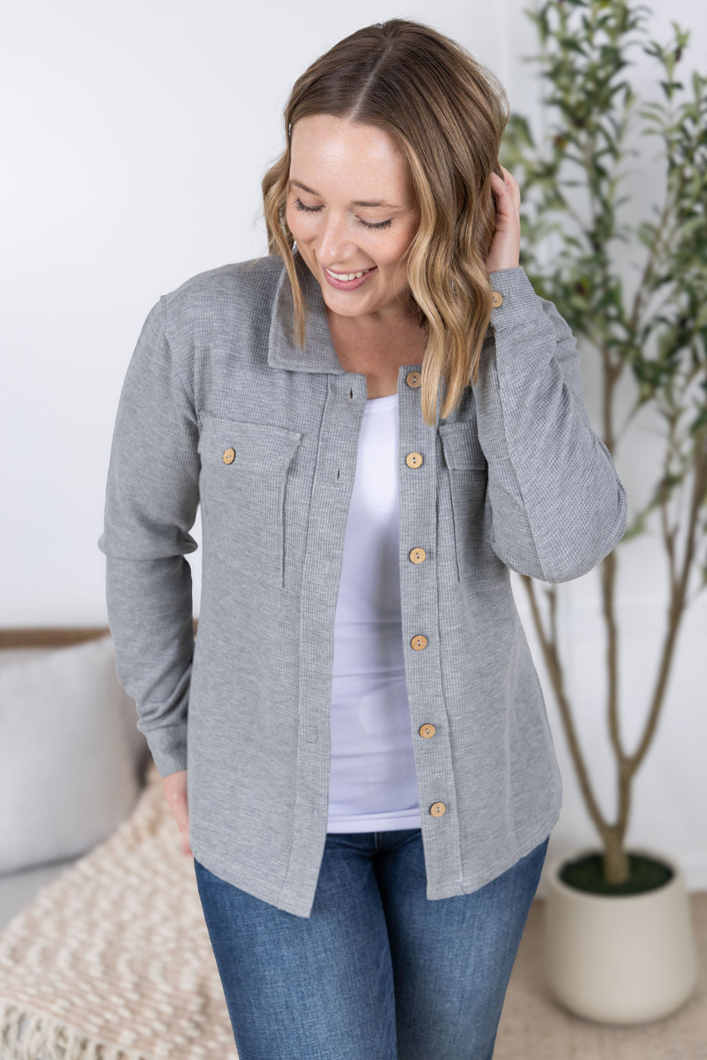 IN STOCK Waffle Knit Button Top - Grey