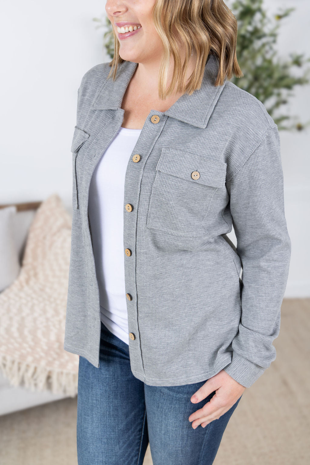 IN STOCK Waffle Knit Button Top - Grey