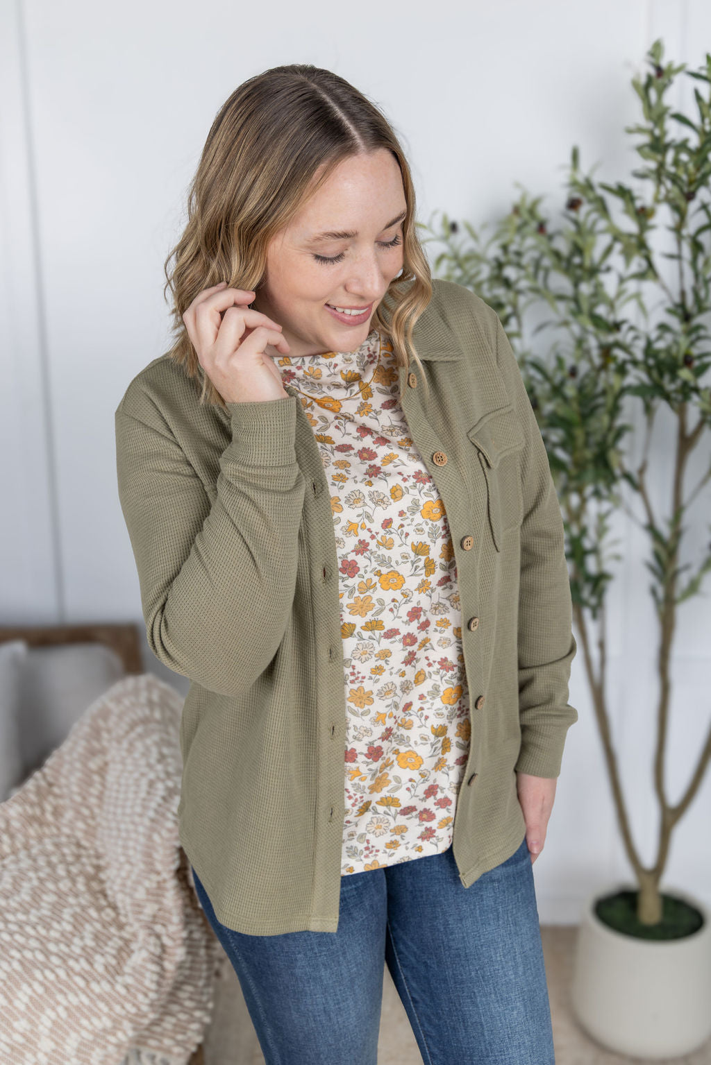 IN STOCK Thermal Knit Button Top - Light Olive
