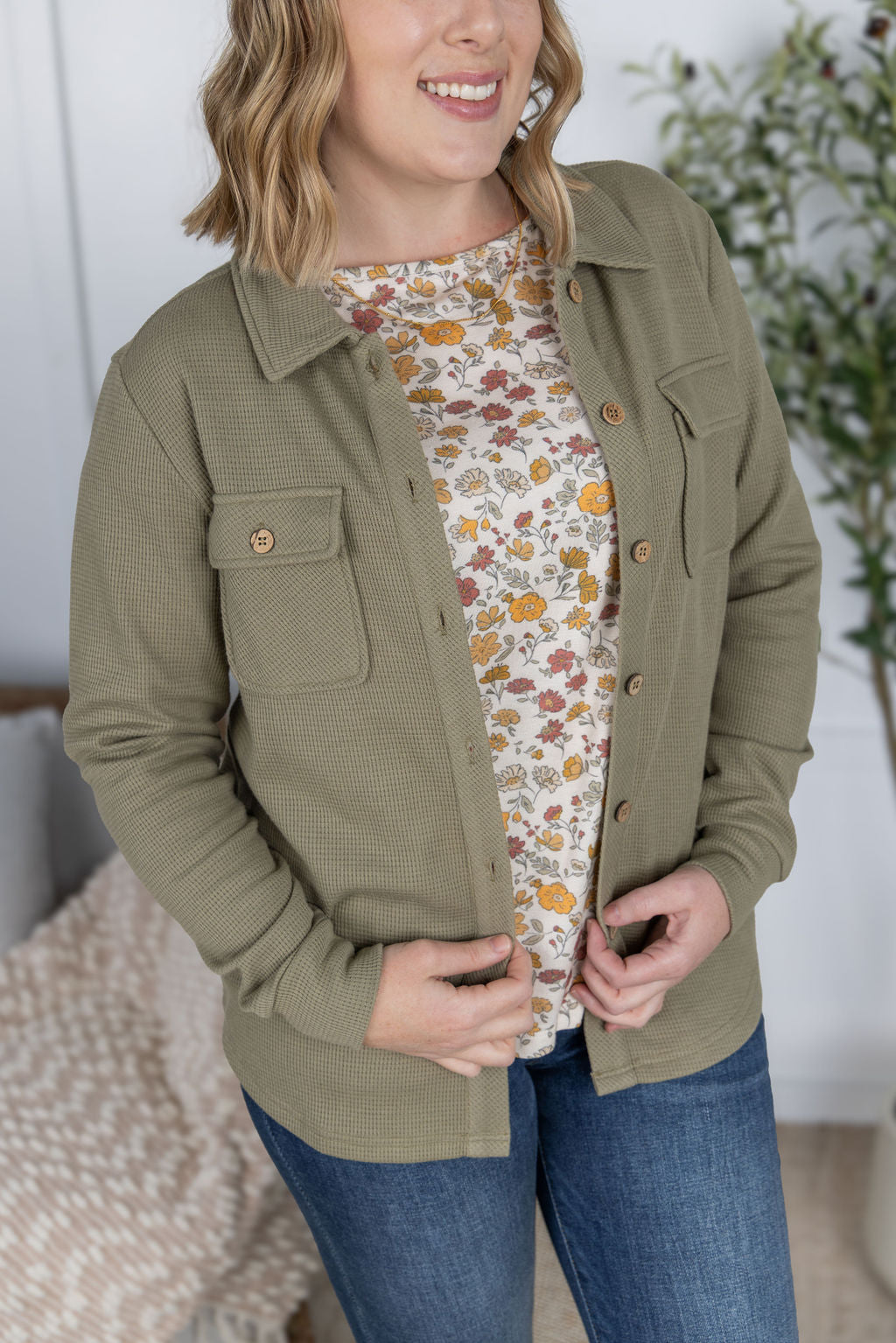 IN STOCK Thermal Knit Button Top - Light Olive