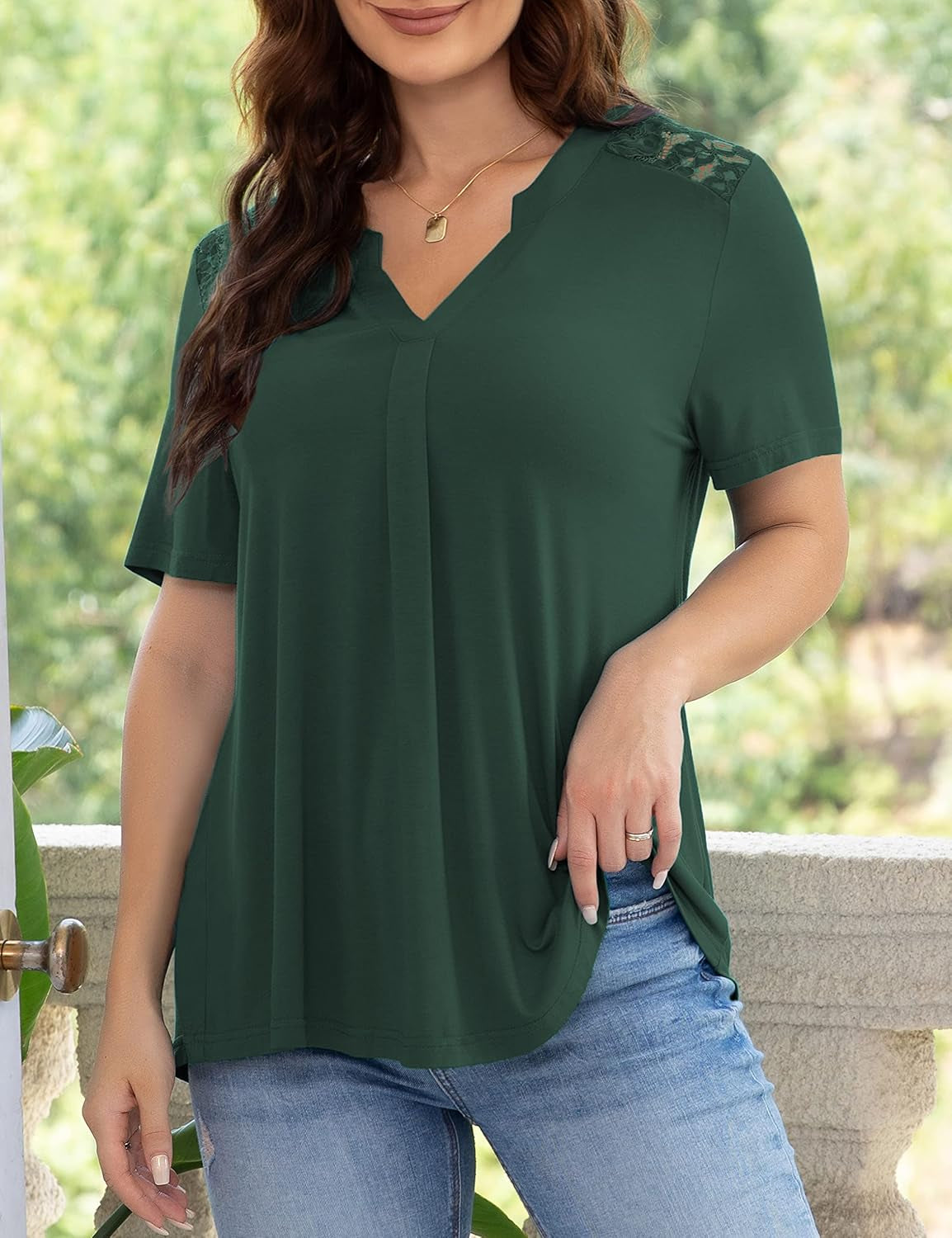 Women'S plus Size Tops Casual Blouse Short Sleeve Lace Pleated Tunic Tops M-4XL