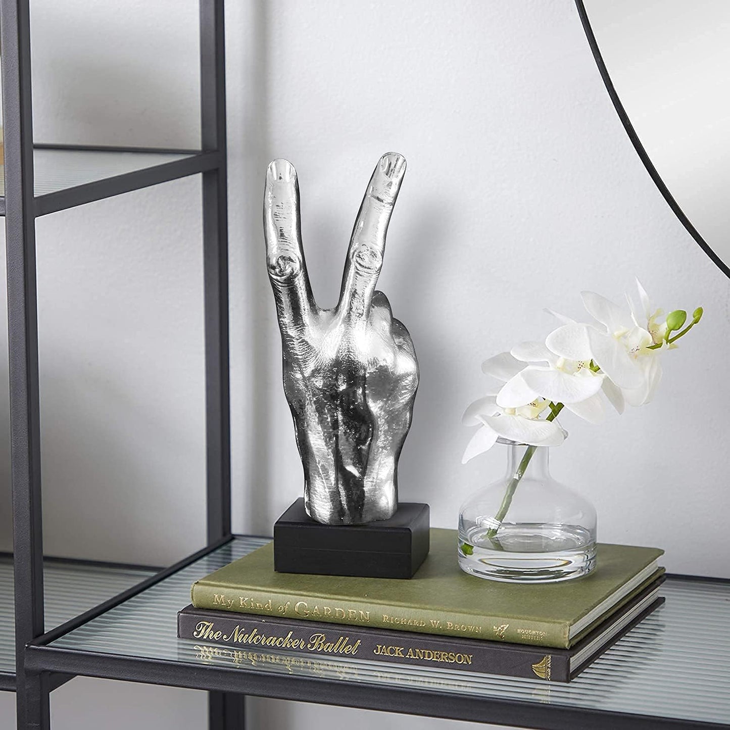 Silver Polyresin Hand Gesture Peace Sign Decor Boho Shelf Decor Accents Knick Knacks Middle Finger Practical Joke Halloween Prank Gifts (Winner)