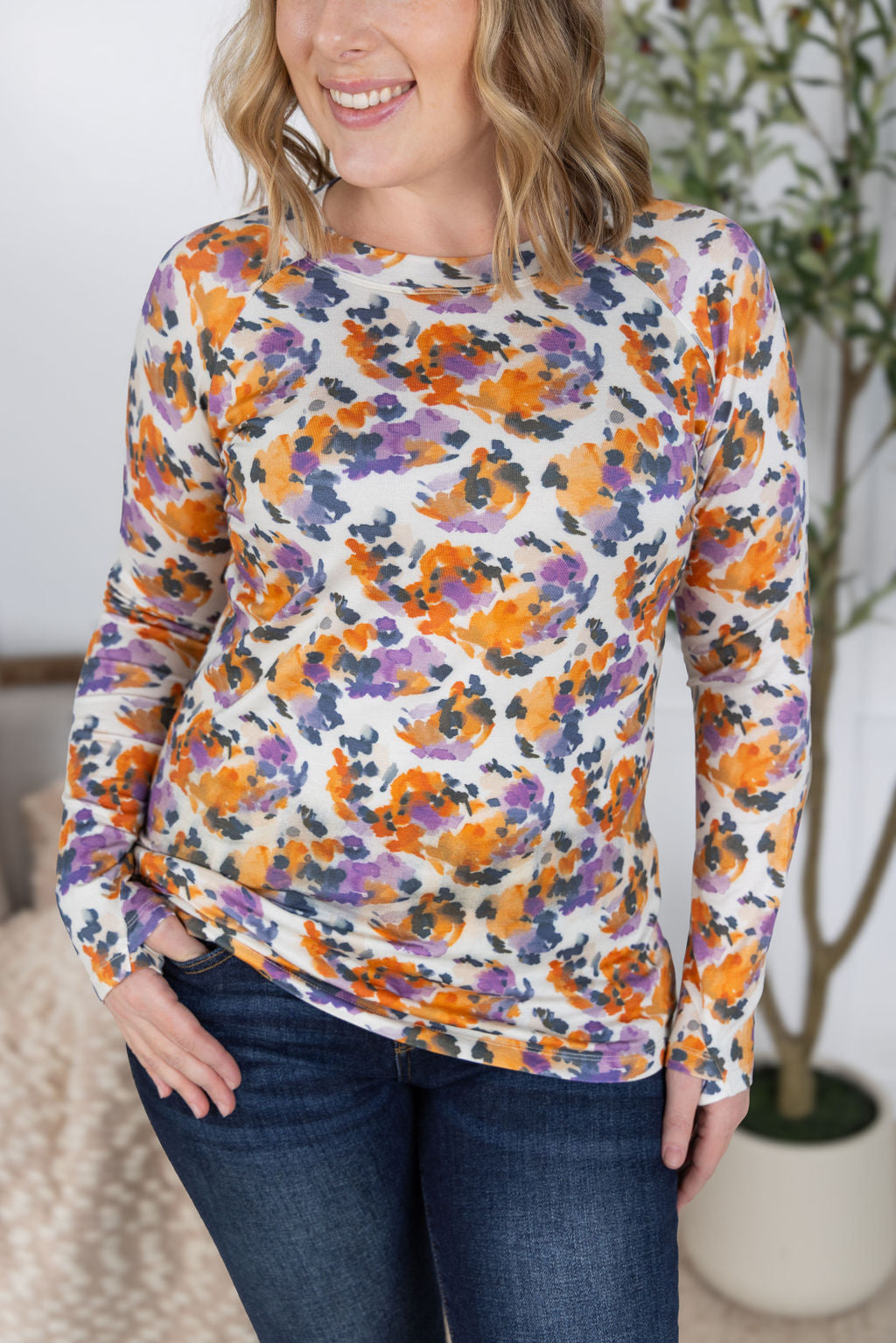 IN STOCK Blair Long Sleeve Top - Autumn Purple Abstract