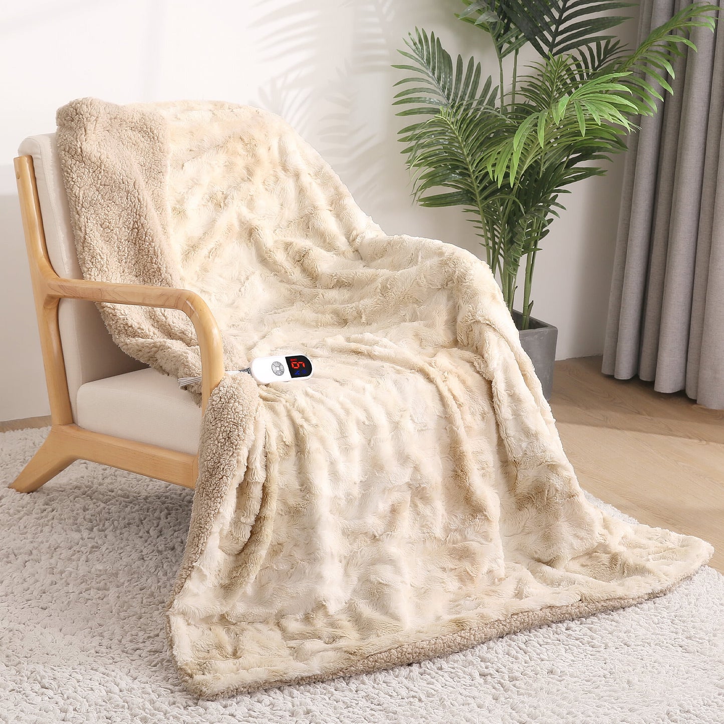Cozy Up with Our Electric Throw Blanket - 50" x 60", Soft Faux Fur, Heated with 6 Levels, Large LED Display, 4-Hour Timer, Machine Washable - Stylish Tie-Dye Off White