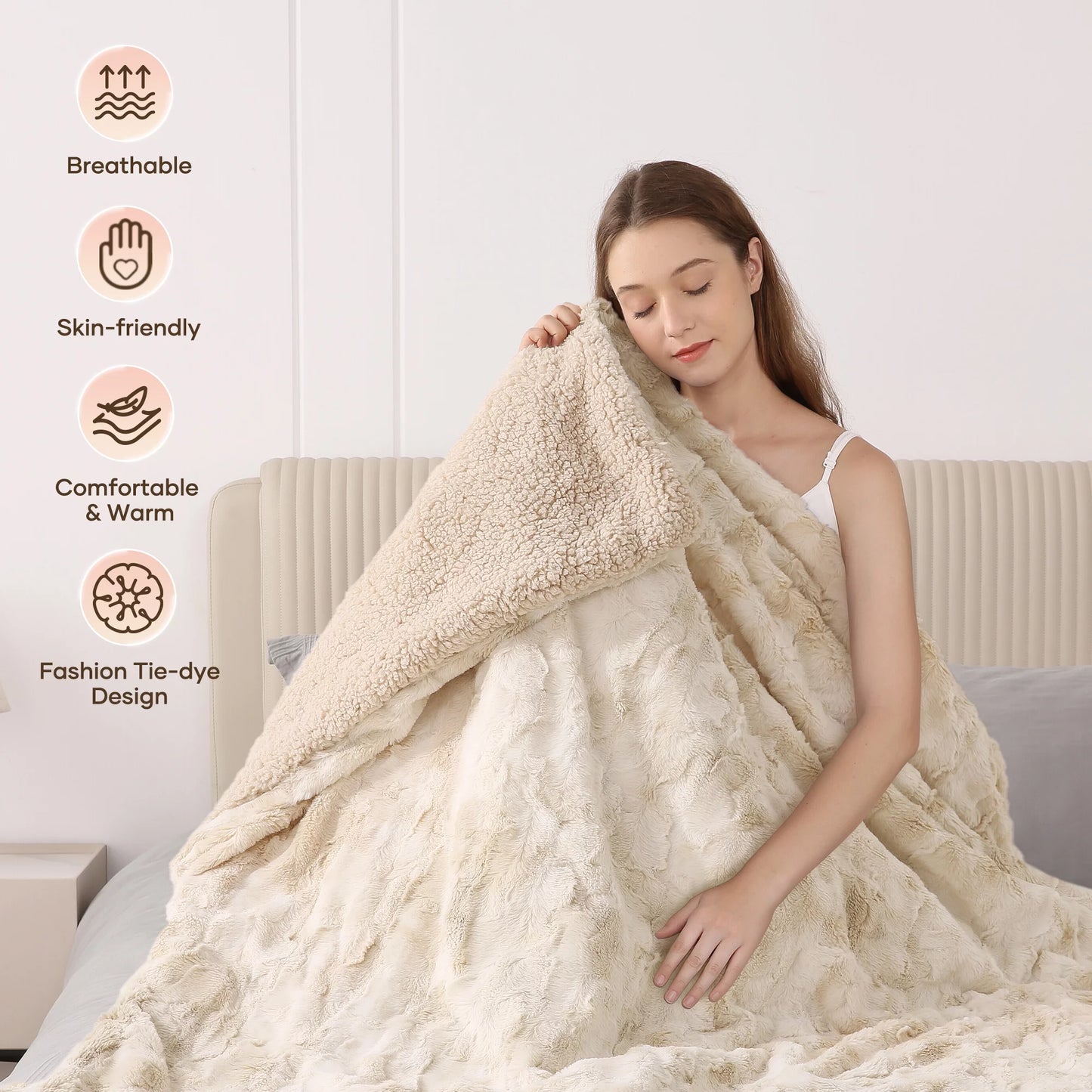Cozy Up with Our Electric Throw Blanket - 50" x 60", Soft Faux Fur, Heated with 6 Levels, Large LED Display, 4-Hour Timer, Machine Washable - Stylish Tie-Dye Off White