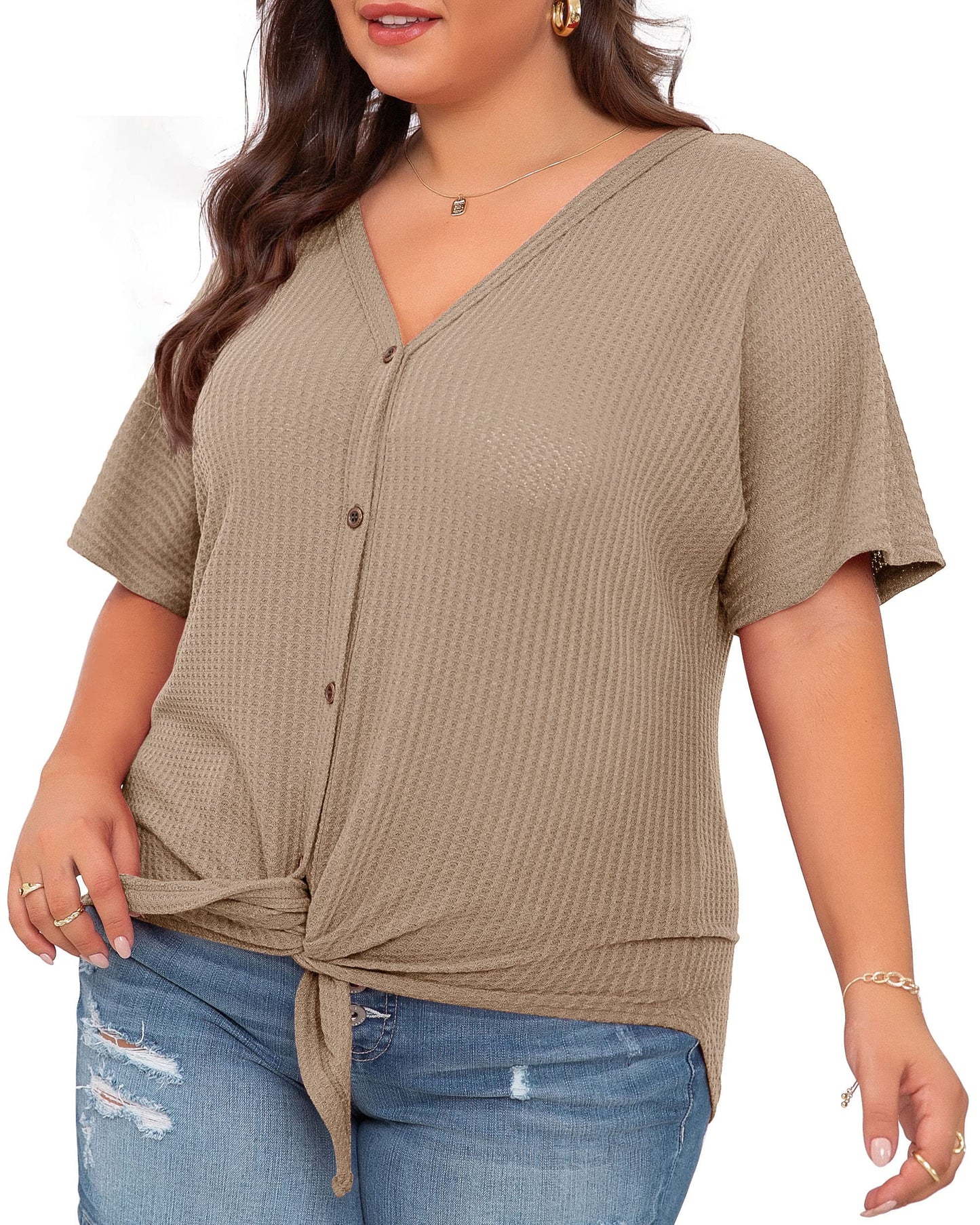 Womens plus Size Tops Short Sleeve V Neck Waffle Knit Tunic Blouse Tie Front Button up T Shirts