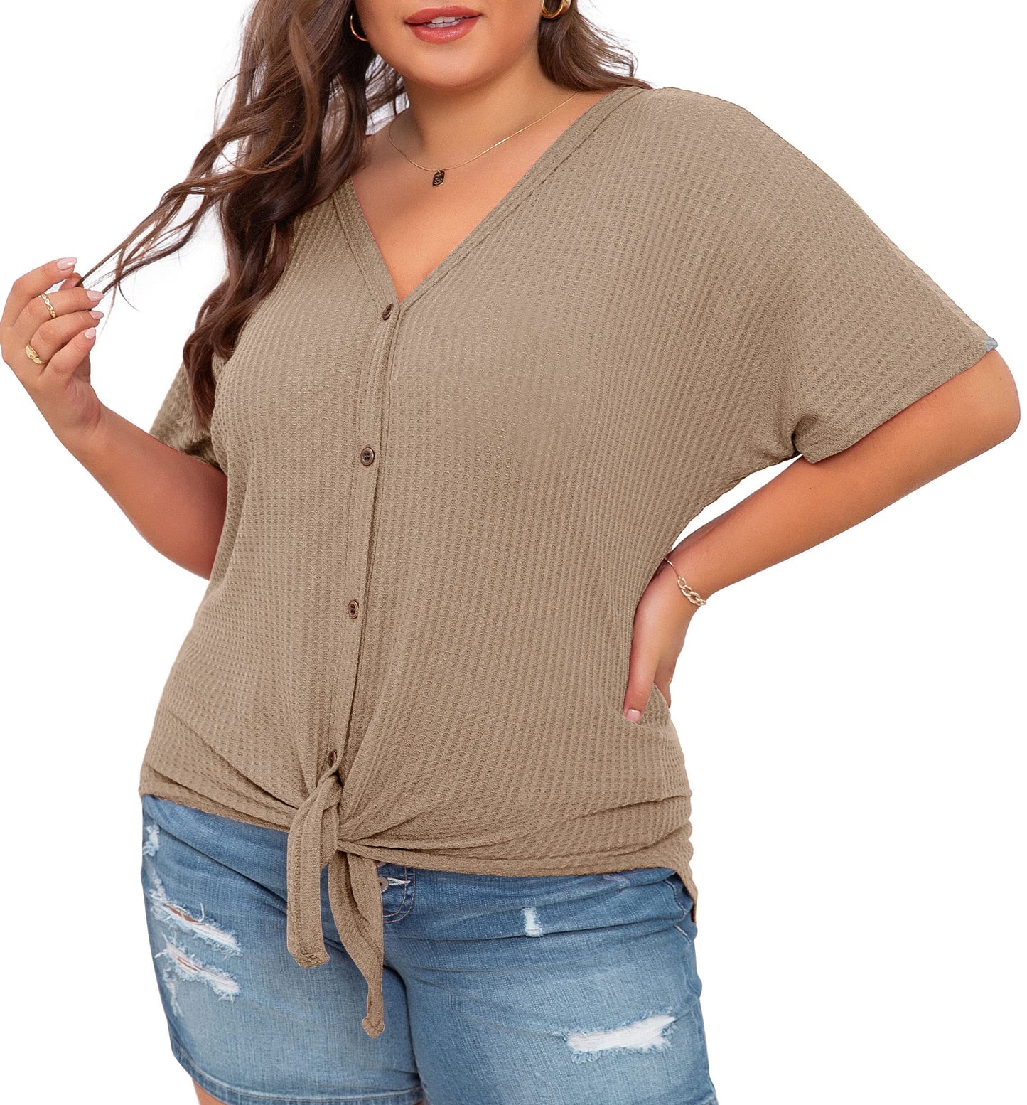 Womens plus Size Tops Short Sleeve V Neck Waffle Knit Tunic Blouse Tie Front Button up T Shirts