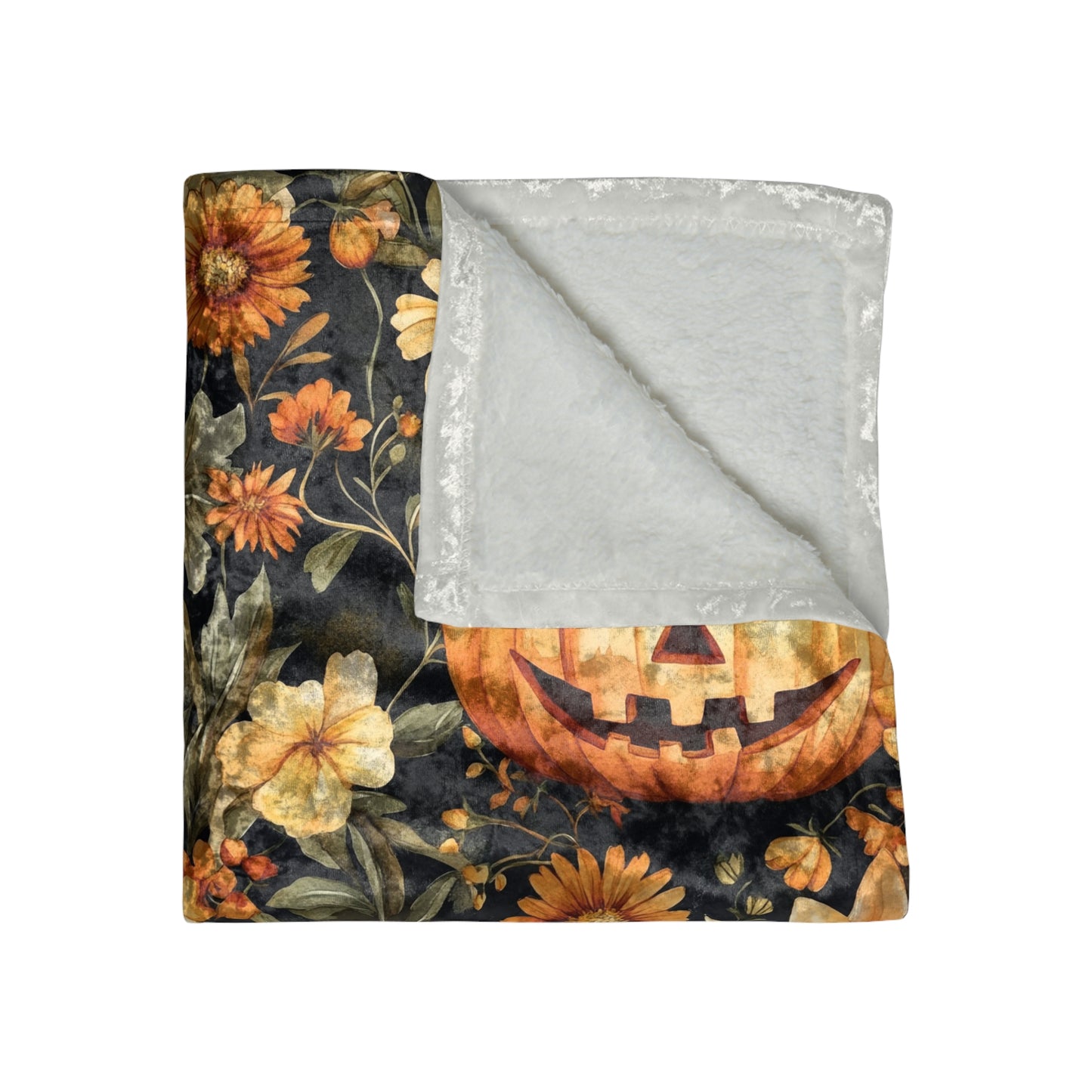 Pumpkin Floral Velvet Blanket, Cozy Fall Decor, Halloween Throw, Autumn Home Accent, Seasonal Gift Idea
