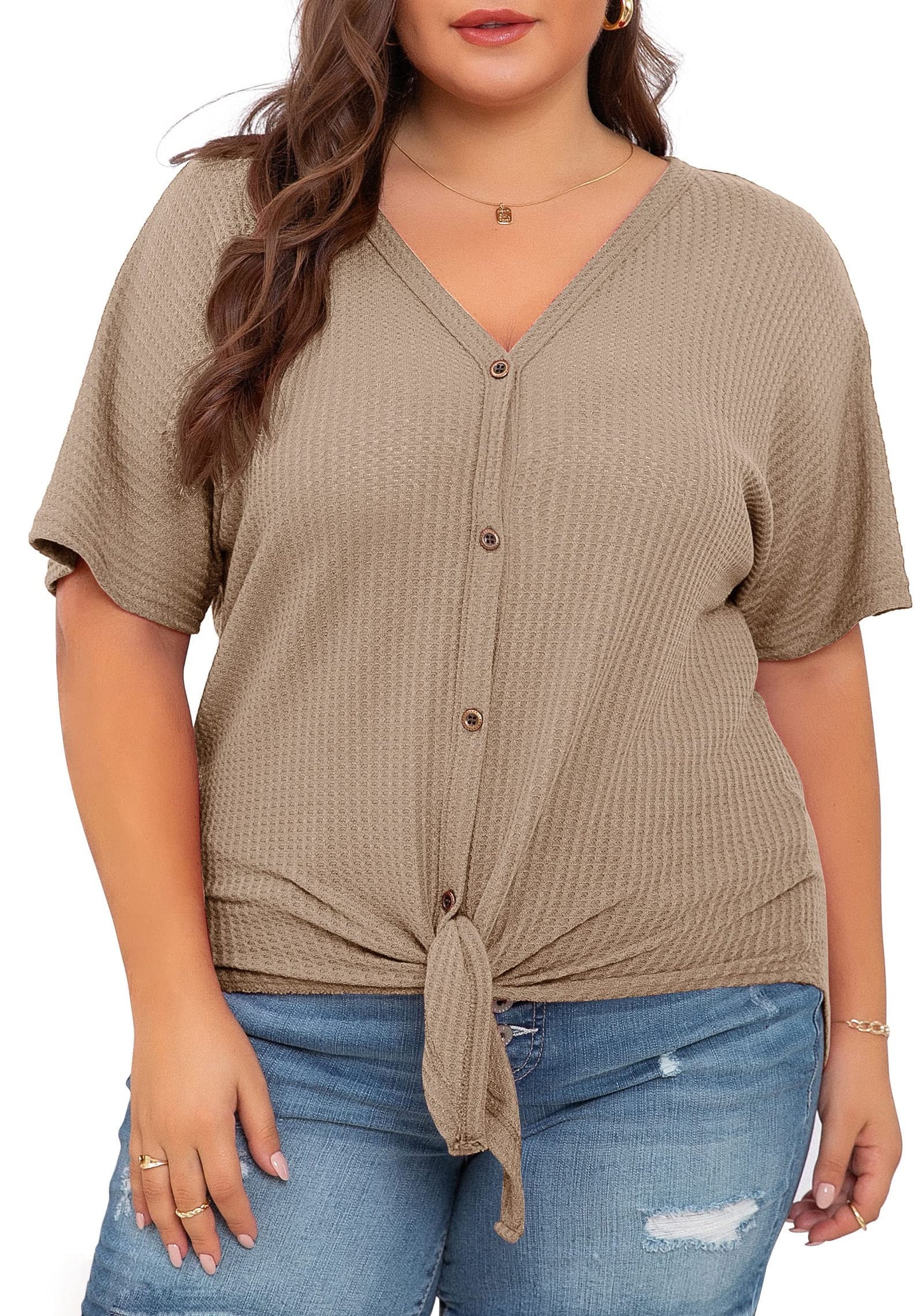 Womens plus Size Tops Short Sleeve V Neck Waffle Knit Tunic Blouse Tie Front Button up T Shirts