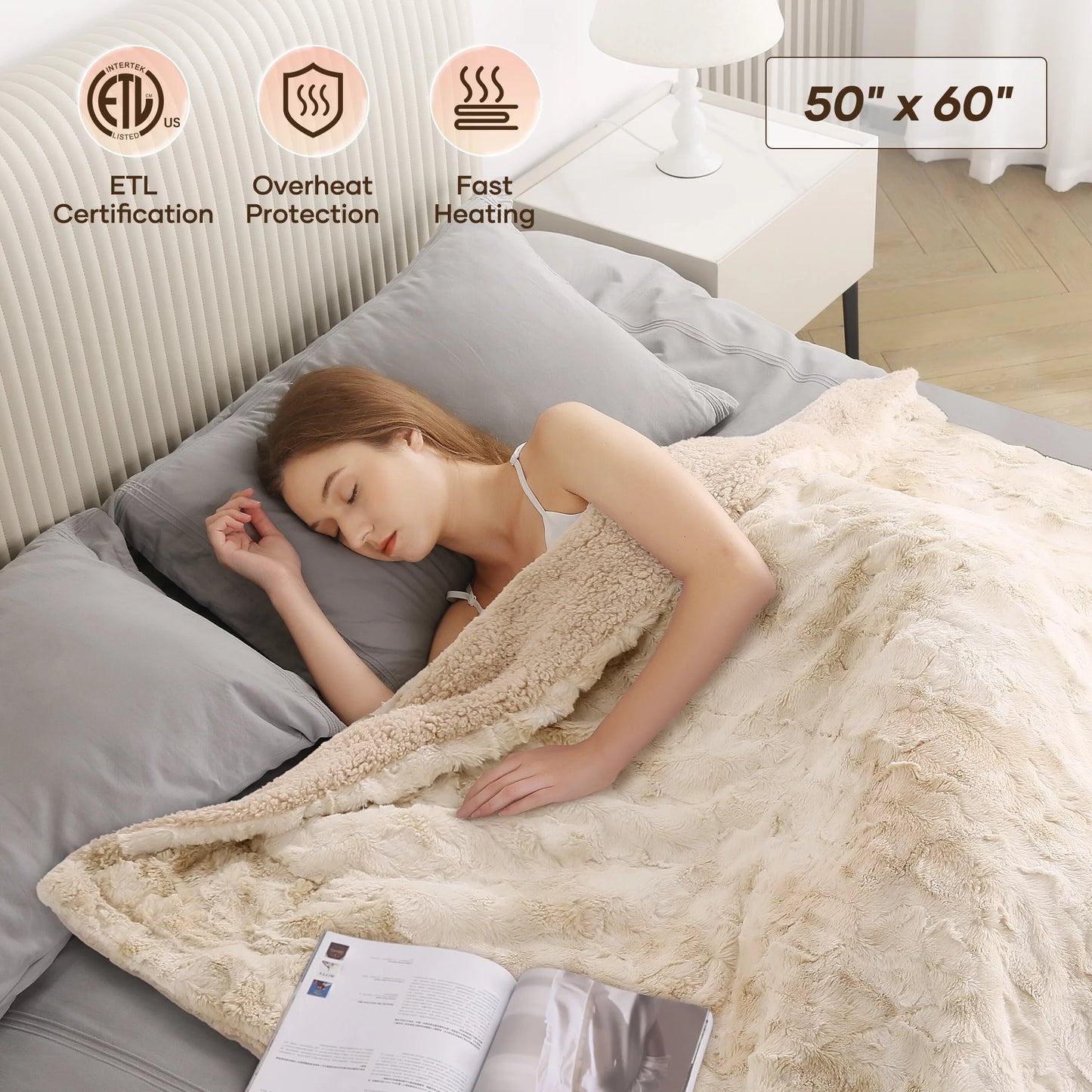 Cozy Up with Our Electric Throw Blanket - 50" x 60", Soft Faux Fur, Heated with 6 Levels, Large LED Display, 4-Hour Timer, Machine Washable - Stylish Tie-Dye Off White