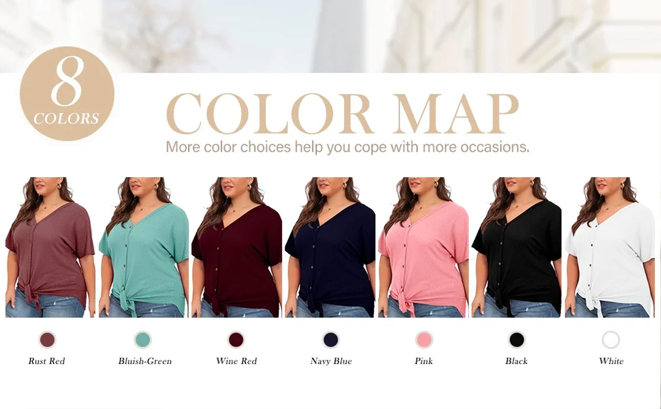Womens plus Size Tops Short Sleeve V Neck Waffle Knit Tunic Blouse Tie Front Button up T Shirts