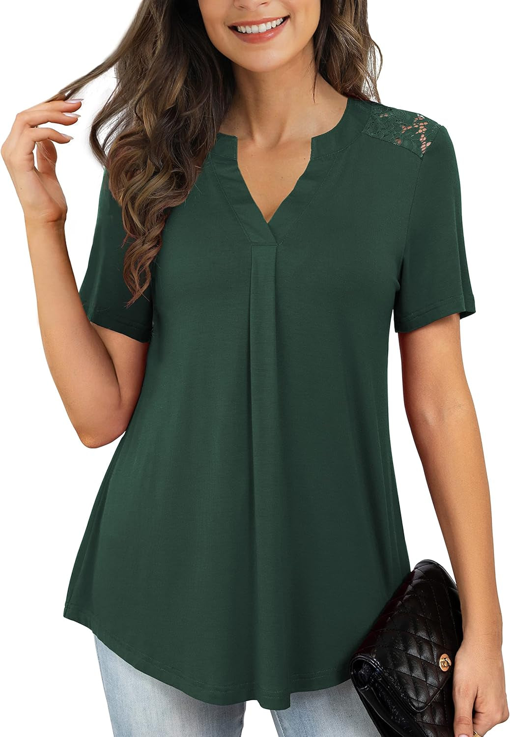 Women'S plus Size Tops Casual Blouse Short Sleeve Lace Pleated Tunic Tops M-4XL