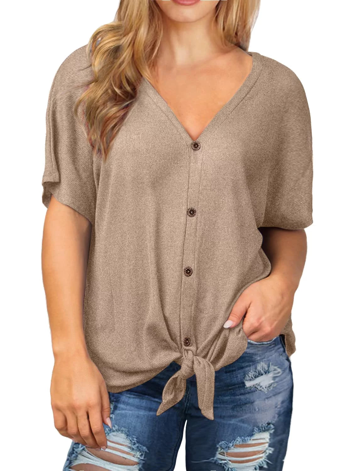 Womens plus Size Tops Short Sleeve V Neck Waffle Knit Tunic Blouse Tie Front Button up T Shirts