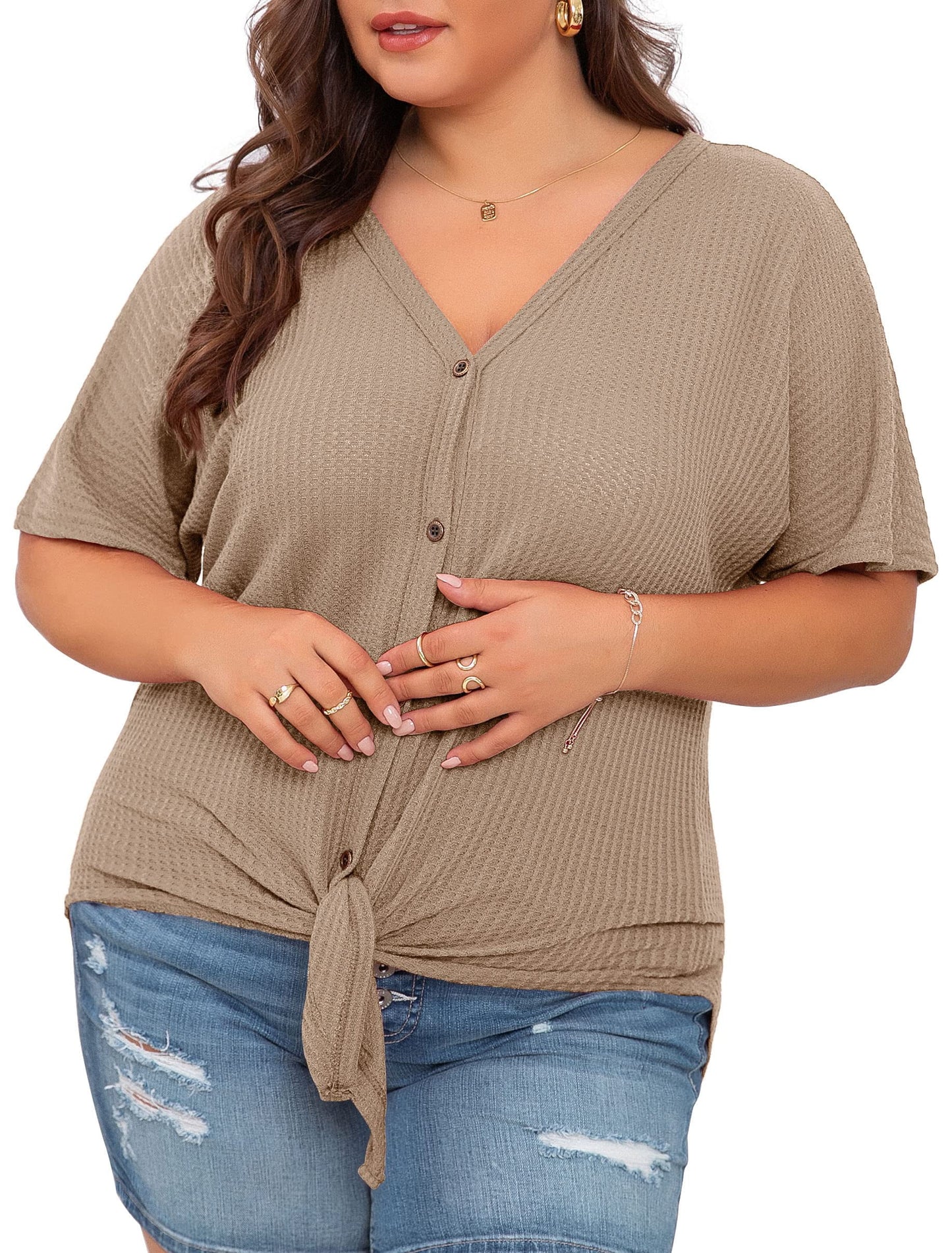 Womens plus Size Tops Short Sleeve V Neck Waffle Knit Tunic Blouse Tie Front Button up T Shirts