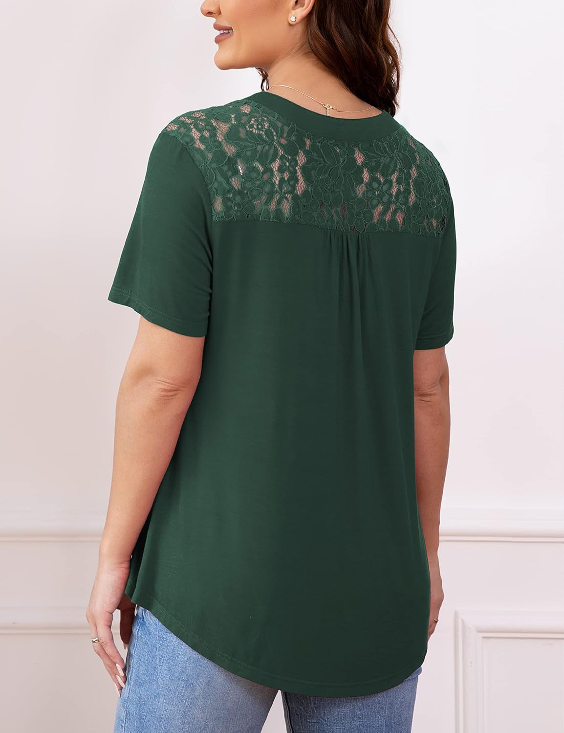 Women'S plus Size Tops Casual Blouse Short Sleeve Lace Pleated Tunic Tops M-4XL
