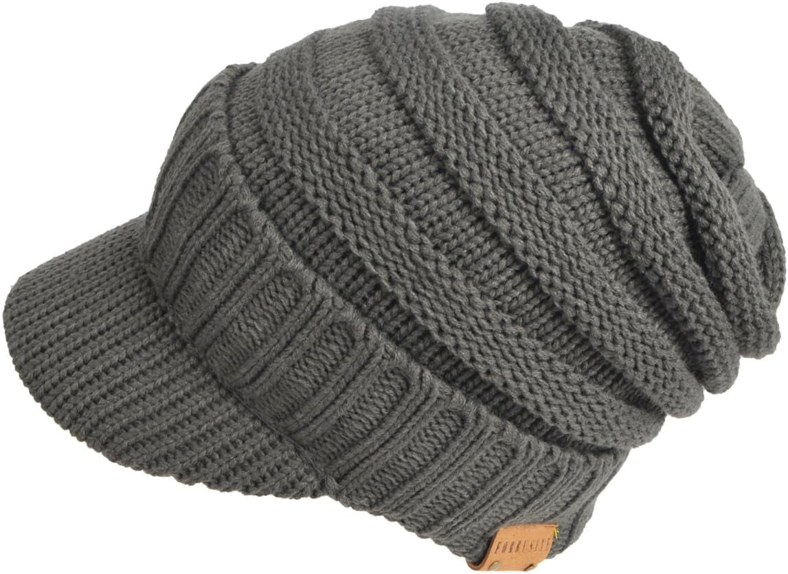 Mens Womens Thick Fleece Lined Knit Newsboy Cap Slouch Beanie Hat with Visor