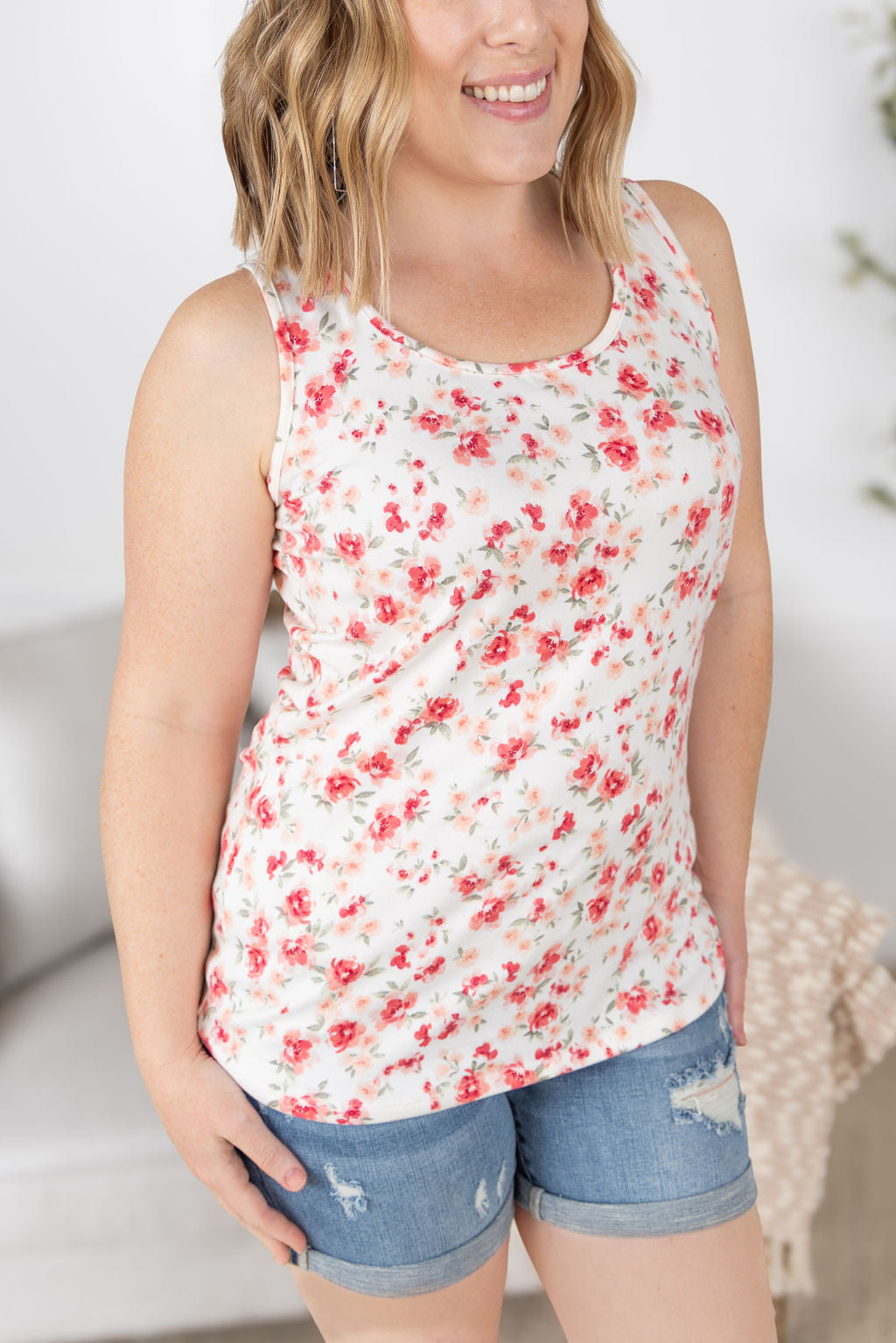 IN STOCK Luxe Crew Tank - Ivory Pink Floral FINAL SALE