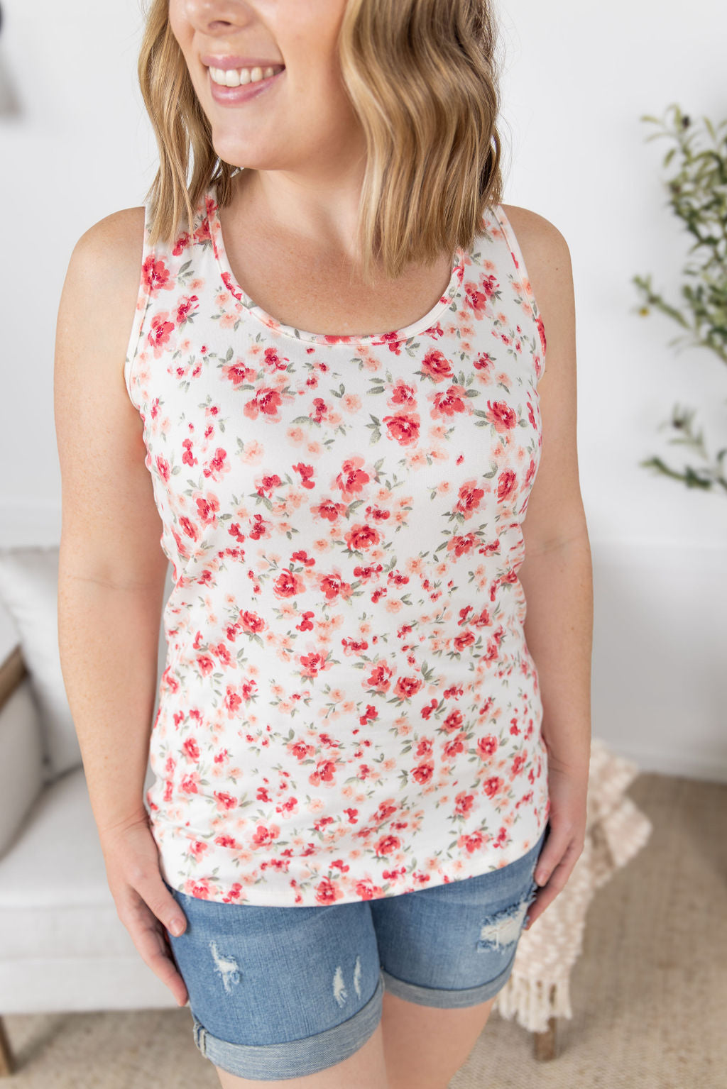 IN STOCK Luxe Crew Tank - Ivory Pink Floral FINAL SALE