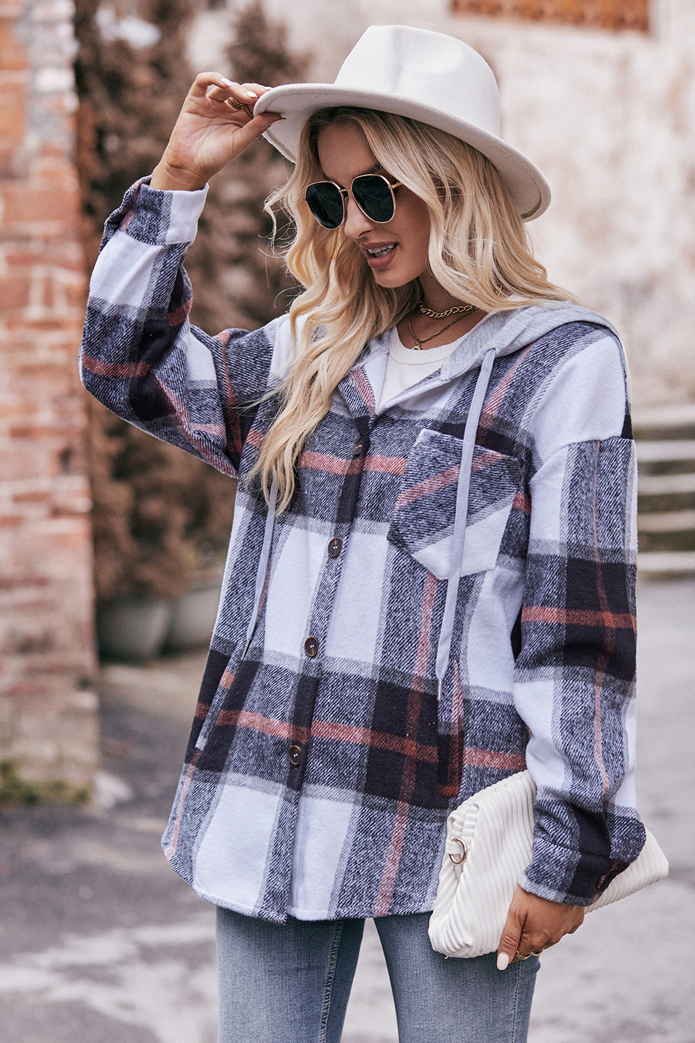 Mandy Plaid Dropped Shoulder Hooded Jacket