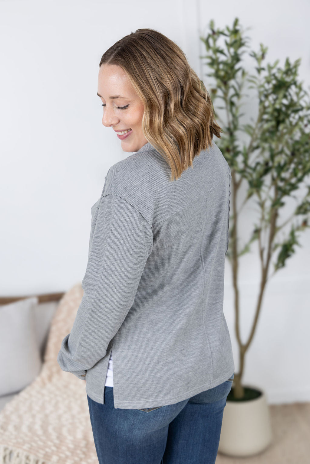 IN STOCK Waffle Knit Button Top - Grey