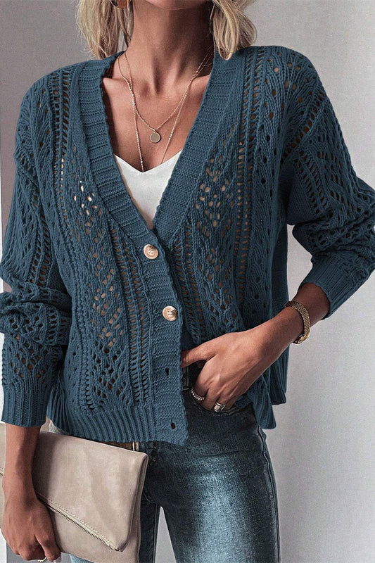 Openwork Button Up Long Sleeve Cardigan