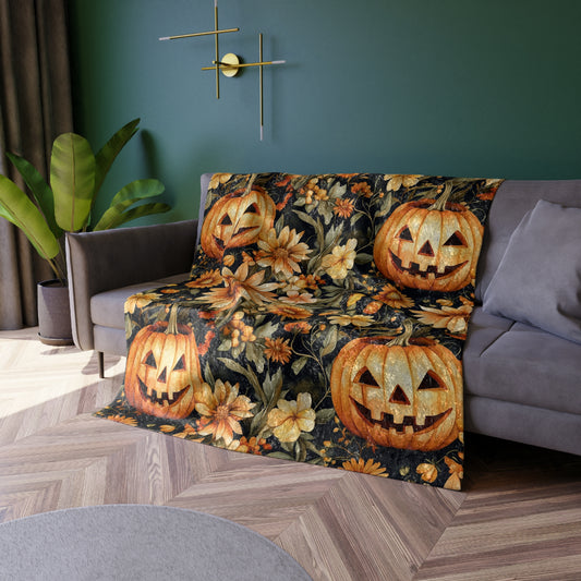 Pumpkin Floral Velvet Blanket, Cozy Fall Decor, Halloween Throw, Autumn Home Accent, Seasonal Gift Idea