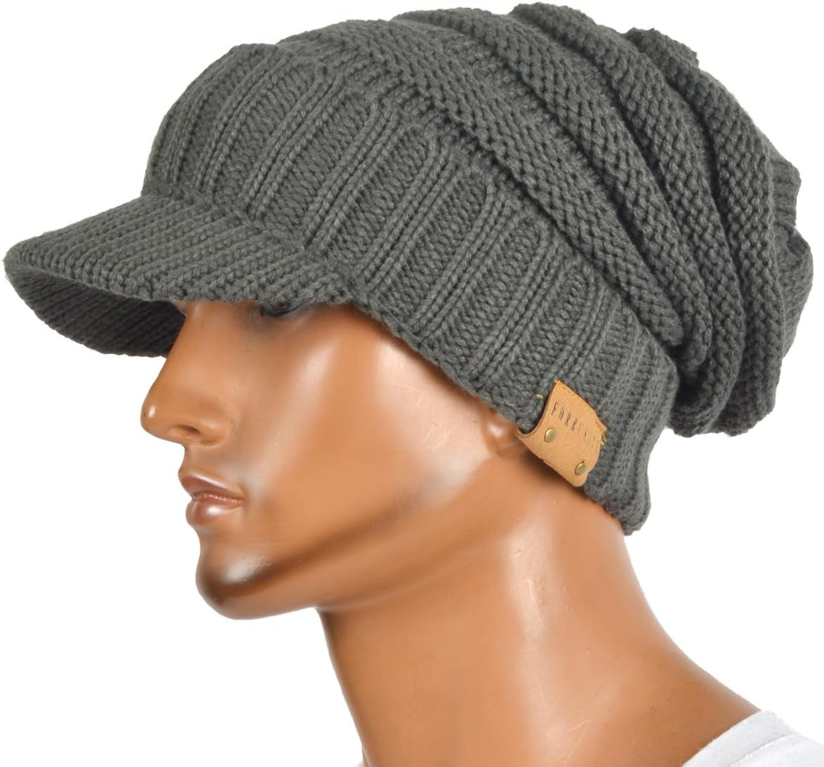 Mens Womens Thick Fleece Lined Knit Newsboy Cap Slouch Beanie Hat with Visor
