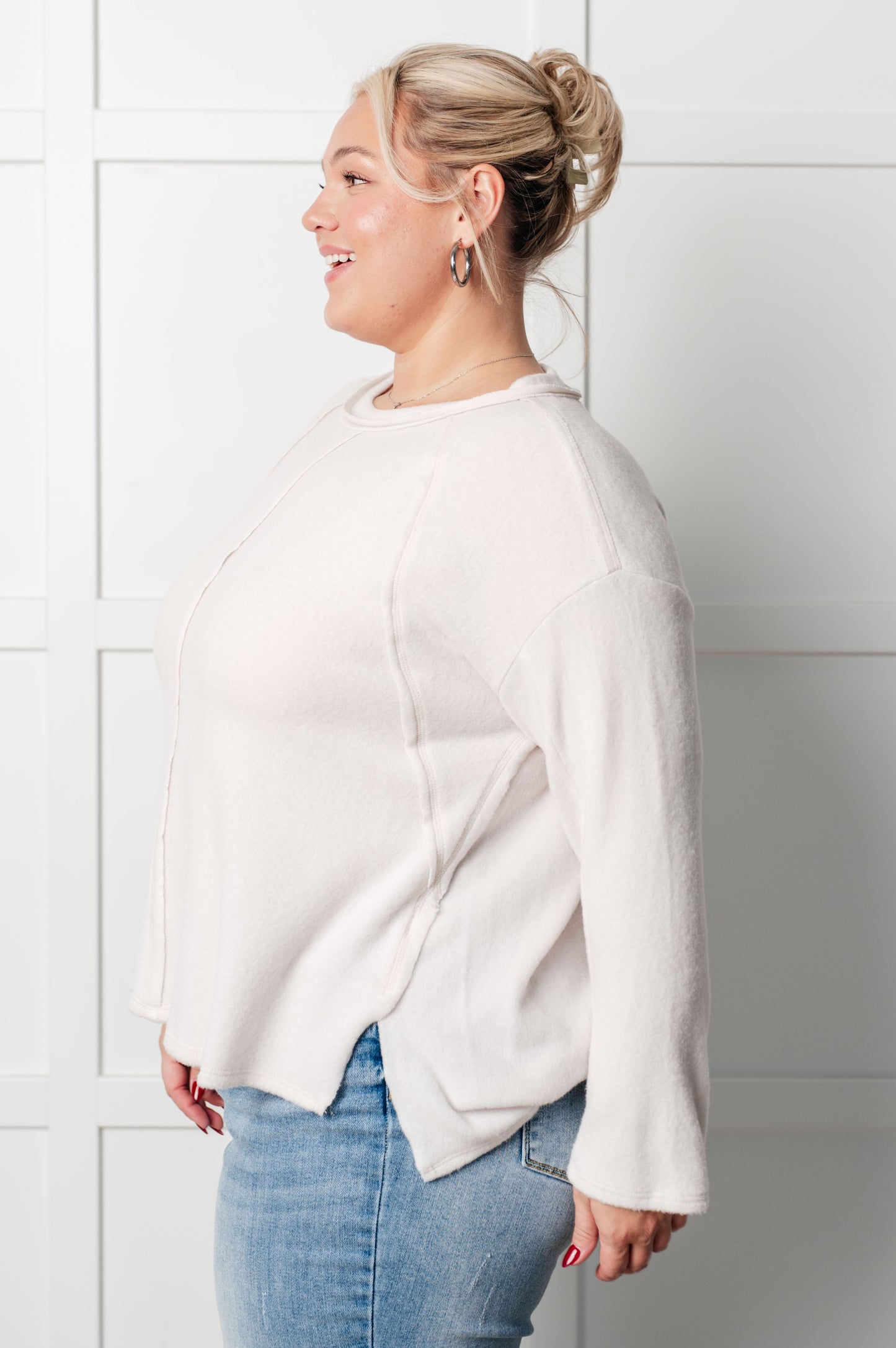 Simple Silhouette Brushed Hacci Sweater in Sand Beige