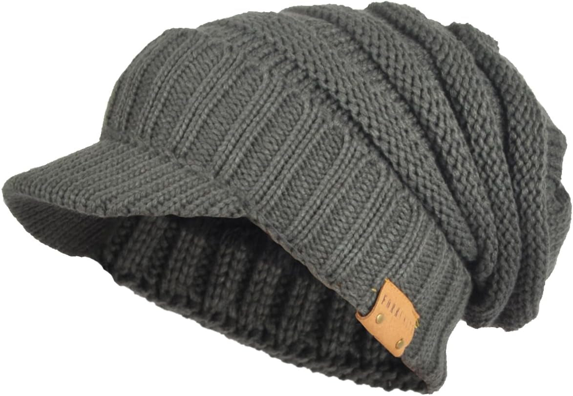 Mens Womens Thick Fleece Lined Knit Newsboy Cap Slouch Beanie Hat with Visor