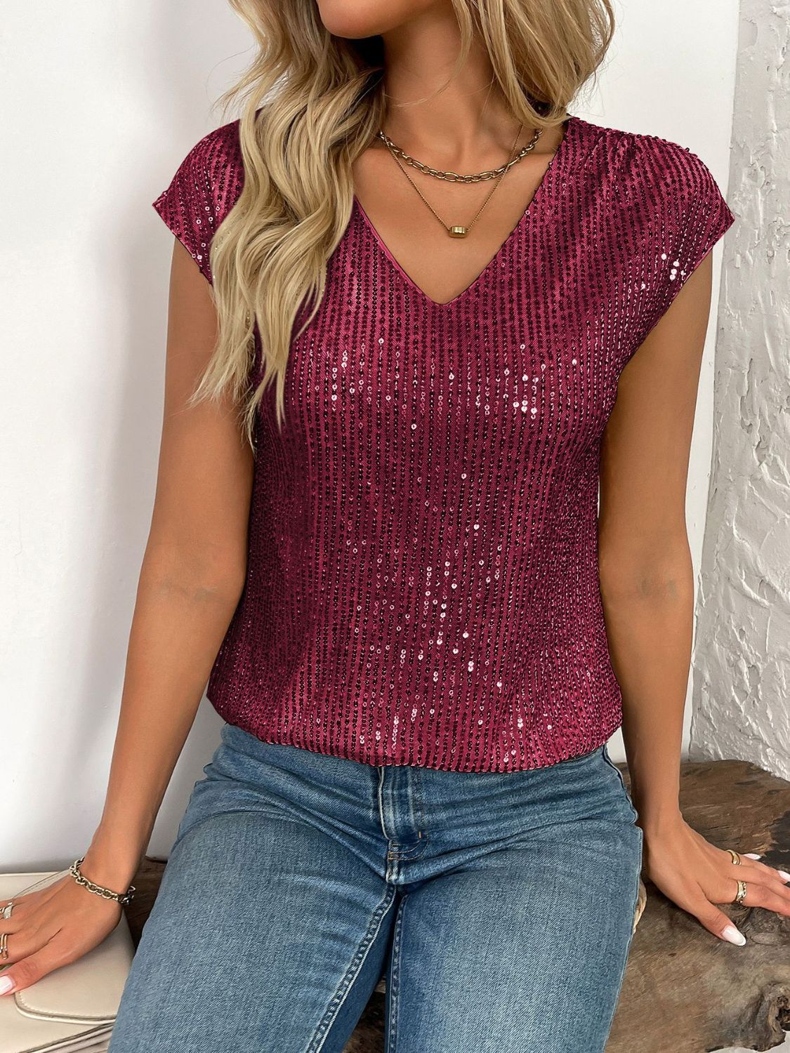 Sequin V-Neck Cap Sleeve Top